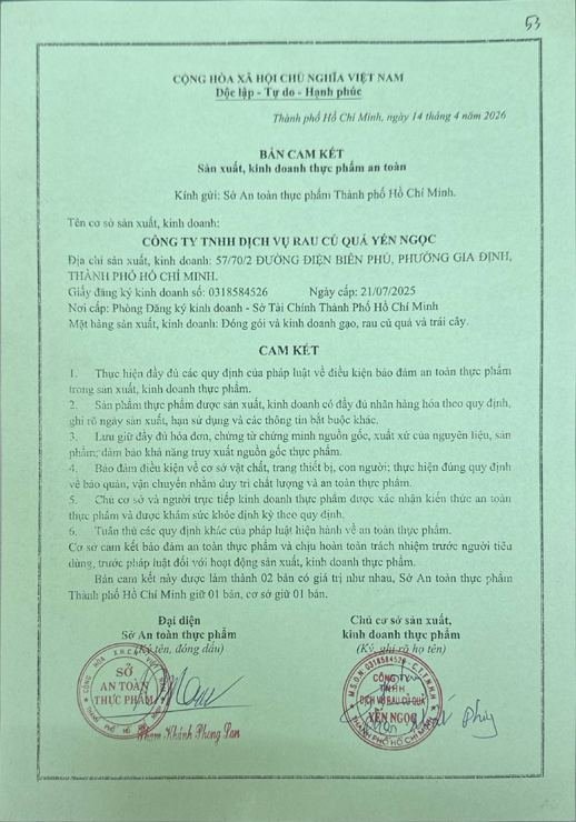 Bản cam kết sản xuất, kinh doanh thực phẩm an toàn