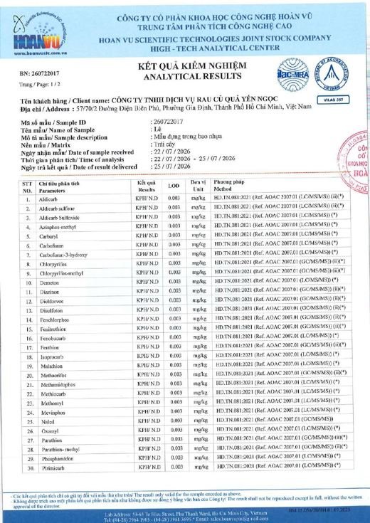 Phiếu kết quả kiểm nghiệm Lê