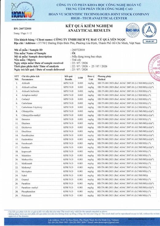 Phiếu kết quả kiểm nghiệm Ổi
