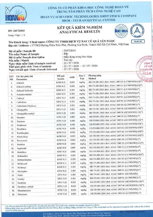 Phiếu kết quả kiểm nghiệm Tắc (quất)