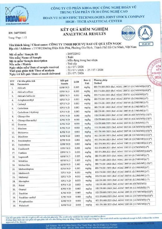Phiếu kết quả kiểm nghiệm Xoài